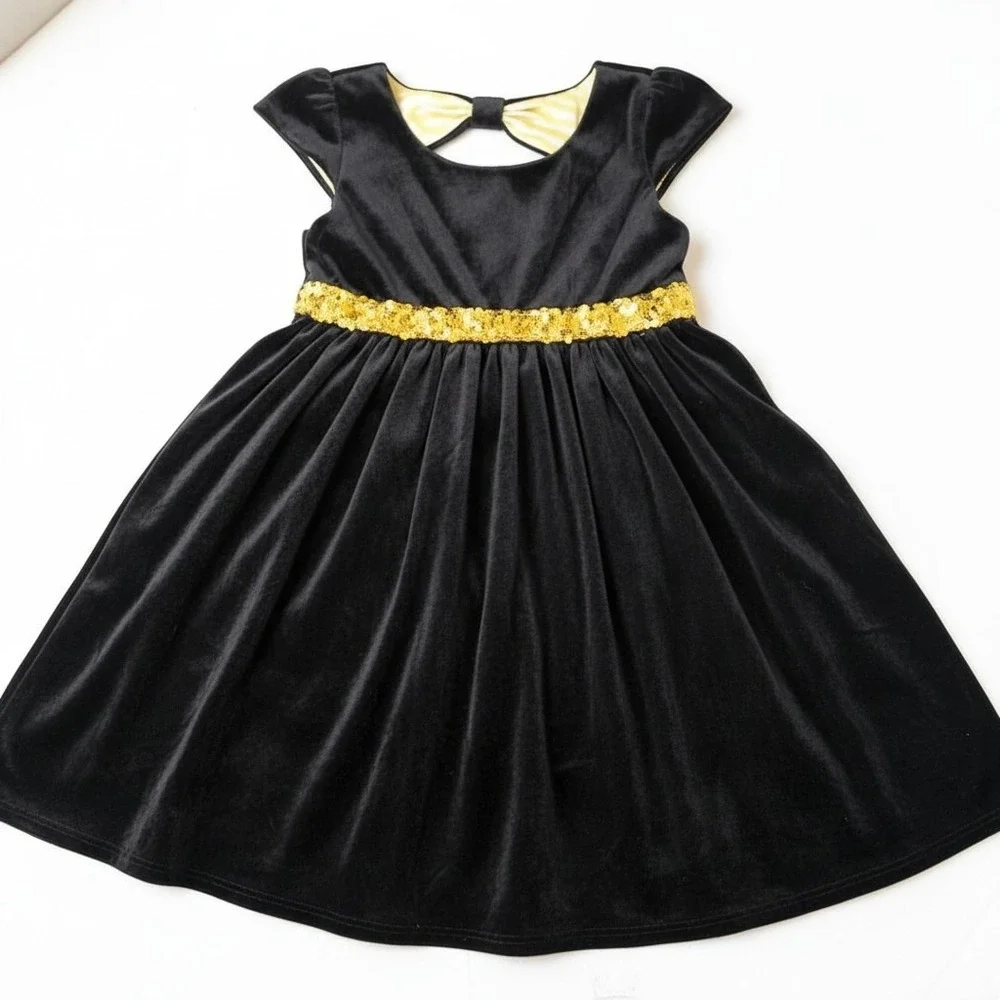 George Girls Velvet Sequin Party Dress Black Gold Bow Back XS 4-5‎ Excellent